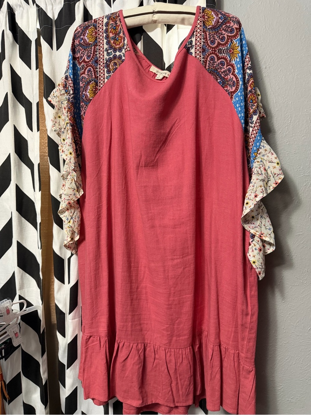 Umgee Coral Pink Mixed-Print Ruffle Sleeve Tunic